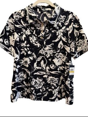 TOMMY HILFIGER Buttoned Polo Shirt MED Short Sleeve Black White Trimmed NWT $79